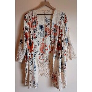 Solitaire Boho Chic Floral Embroidered Kimono Cardigan Sz 1X Ivory Crochet NWOT